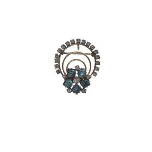 Brooch Or Pendant in Gold Tone with Clear & Teal Color Rhinestones